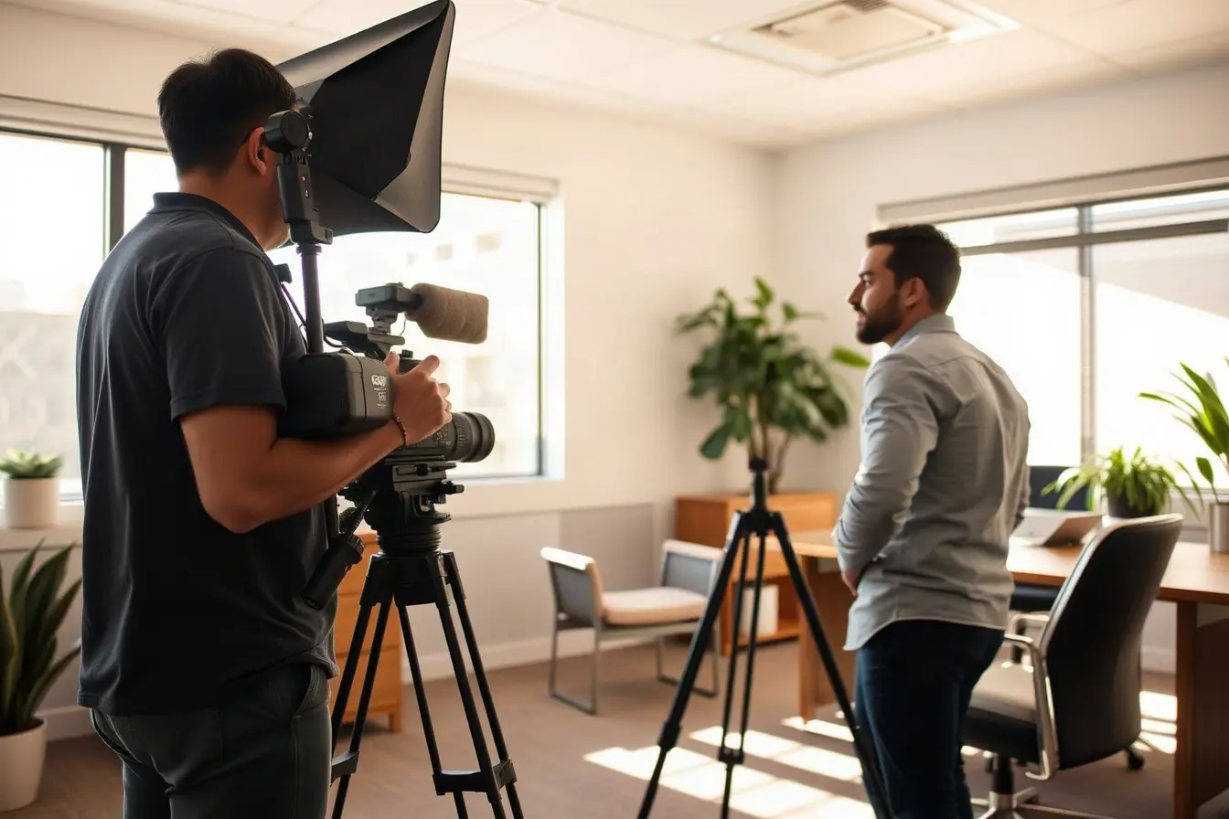 A small video crew filming a client interview in a sunlit San Diego office